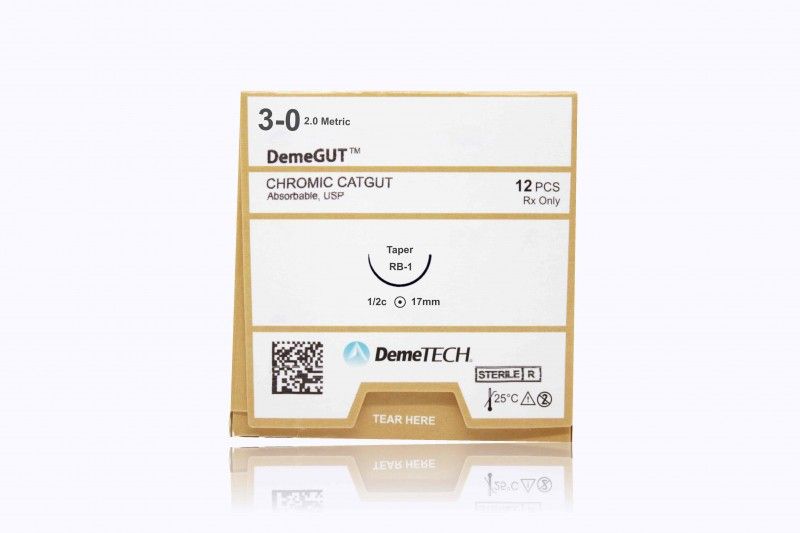 Hình ảnh của Chỉ phẫu thuật tự tiêu Chromic Catgut số 3/0, dài 75cm, 1/2 vòng tròn 26mm, Demetech